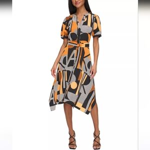 Karl Lagerfeld Multicolor Logo Print Midi Shirt Dress Sz 10 Hankerchief Hem Work